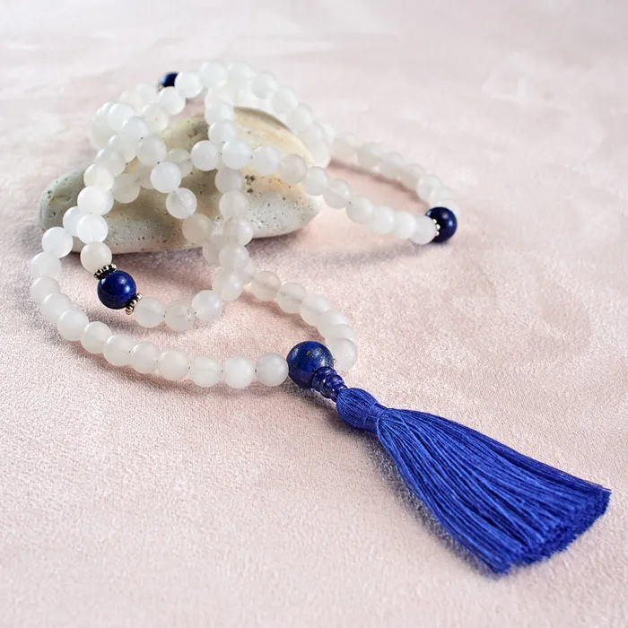 Drukomalas Necklaces Matte Rock Crystal and Lapis Mala 108 beads