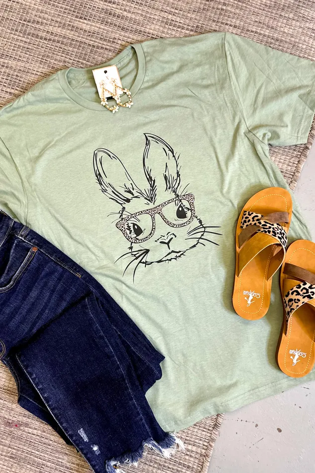 JL Franklins Earrings Bunny Leopard Glasses Graphic Tee Sage