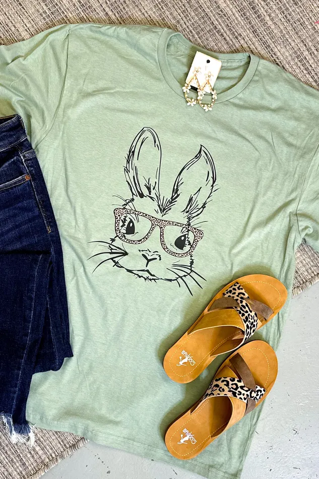 JL Franklins Earrings Bunny Leopard Glasses Graphic Tee Sage