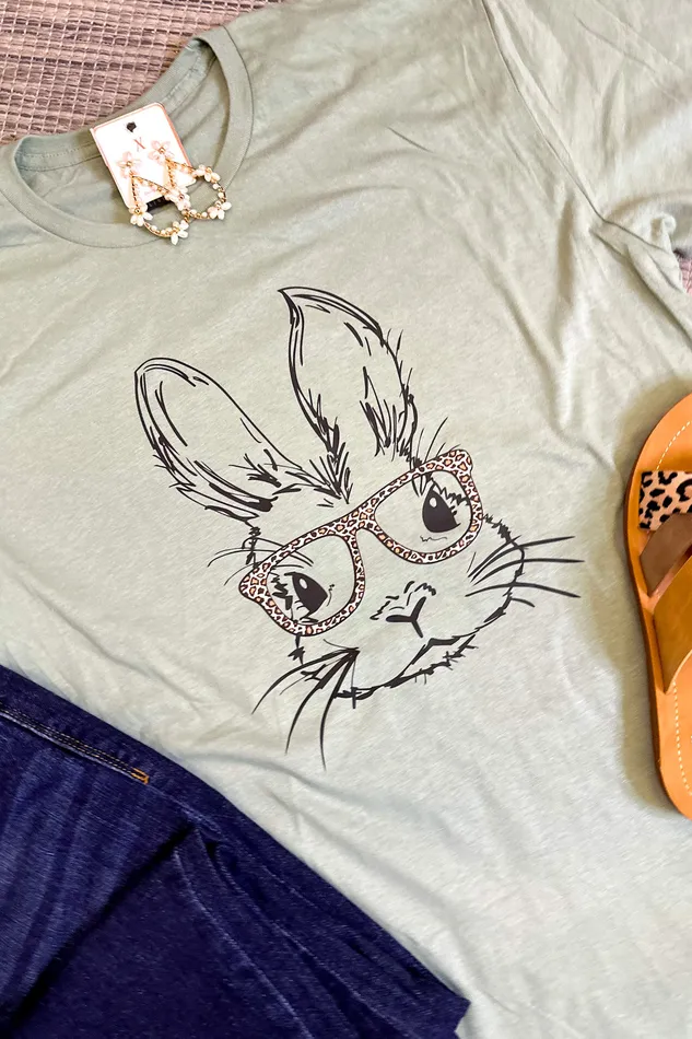 JL Franklins Earrings Bunny Leopard Glasses Graphic Tee Sage