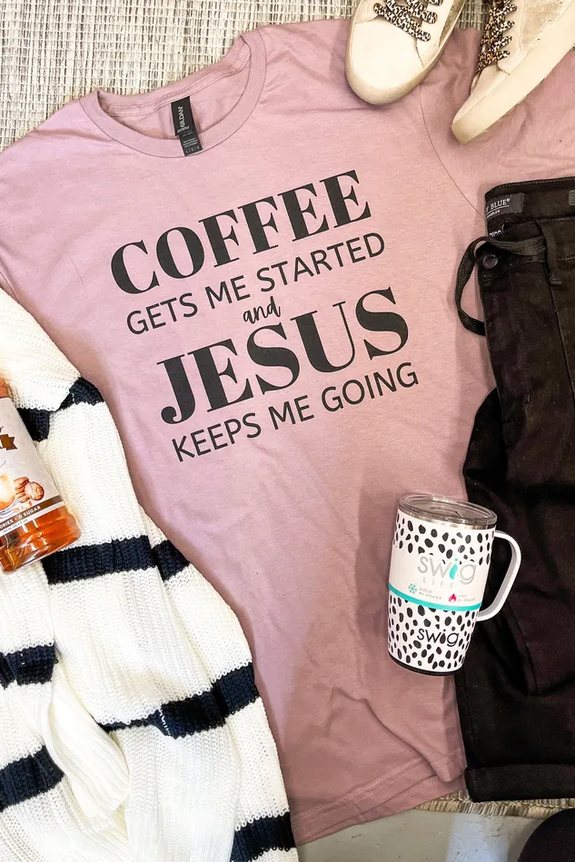 Rings JL Franklins Coffee Gets Me Started Graphic Tee Mauve