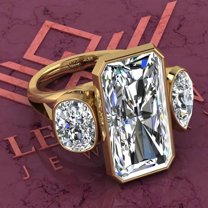 102 CTW Elongated Radiant Cut ThreeStone Random Shape Bezel D Color Moissanite Ring Leyloon Jewelry Rings 102 CTW Elongated Radiant Cut ThreeStone Random Shape Bezel D Color Moissanite Ring Leyloon Jewelry Rings