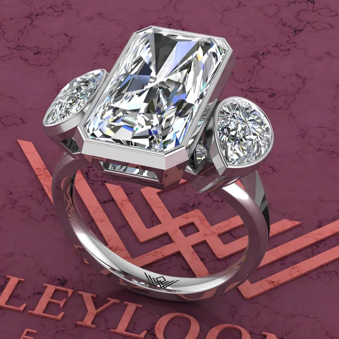 102 CTW Elongated Radiant Cut ThreeStone Random Shape Bezel D Color Moissanite Ring Leyloon Jewelry Rings