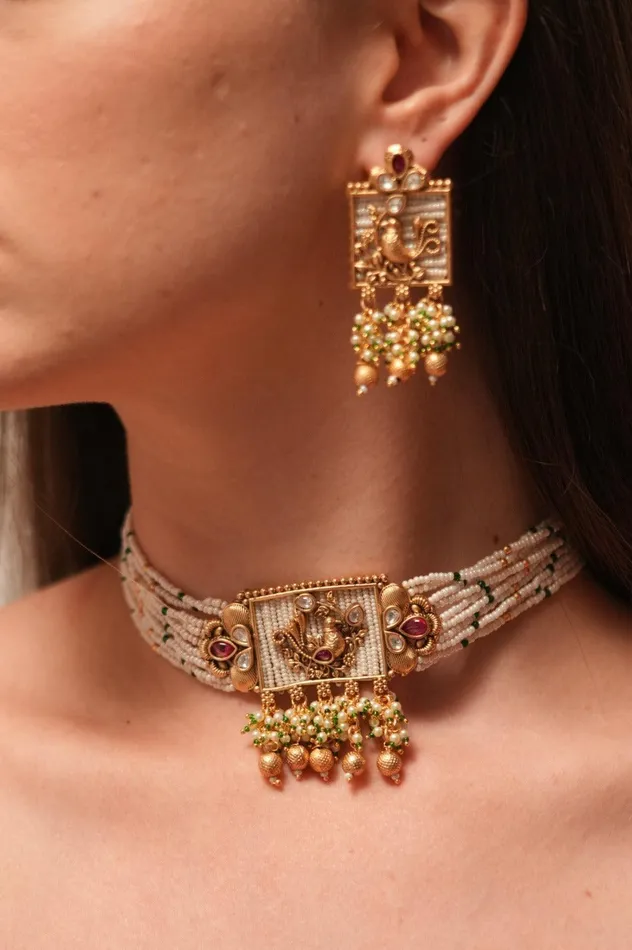 Attrangi Earrings Mayurika Gold Choker with MidSized Earrings Sone pe Suhaga Collection