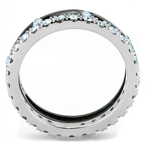 Green Rings CJE3233 Wholesale Womens Stainless Steel TwoTone IP Black Top Grade Crystal Sea Blue Stackable Ring