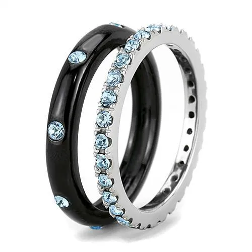 Green Rings CJE3233 Wholesale Womens Stainless Steel TwoTone IP Black Top Grade Crystal Sea Blue Stackable Ring