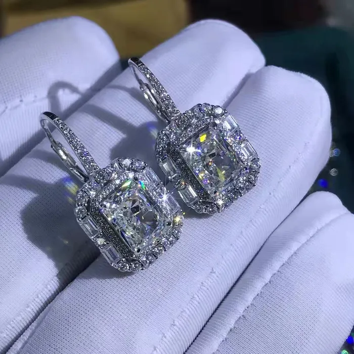 Leyloon Jewelry Earrings 2 Carat Radiant Cut KM Colorless Halo Moissanite Lever Back Earrings