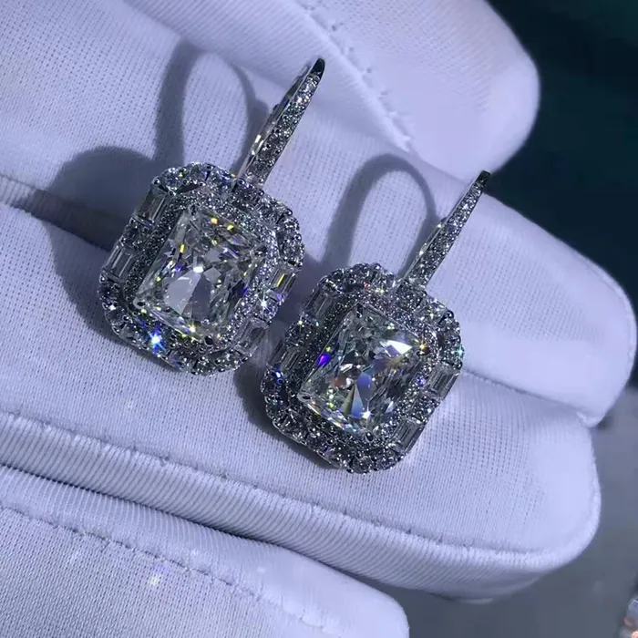 Leyloon Jewelry Earrings 2 Carat Radiant Cut KM Colorless Halo Moissanite Lever Back Earrings