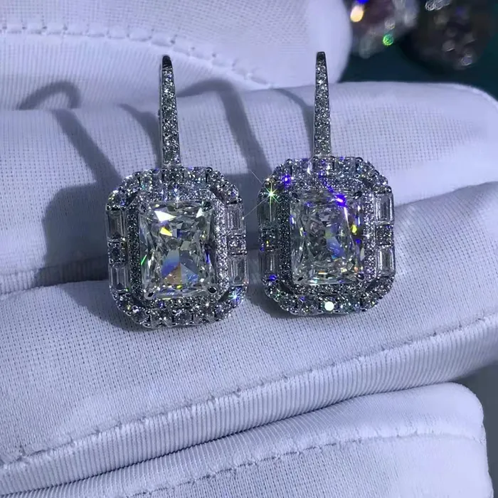 Leyloon Jewelry Earrings 2 Carat Radiant Cut KM Colorless Halo Moissanite Lever Back Earrings