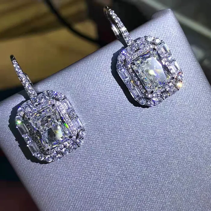 Leyloon Jewelry Earrings 2 Carat Radiant Cut KM Colorless Halo Moissanite Lever Back Earrings
