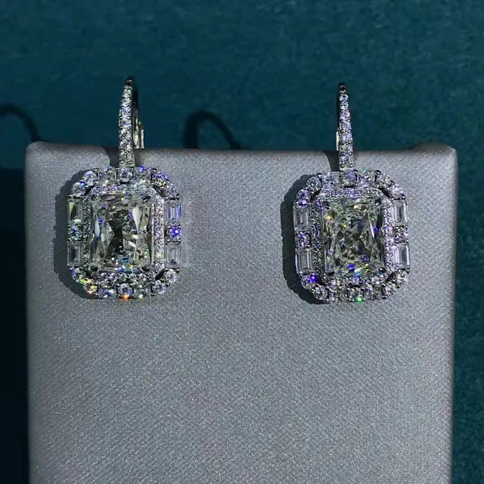 Leyloon Jewelry Earrings 2 Carat Radiant Cut KM Colorless Halo Moissanite Lever Back Earrings