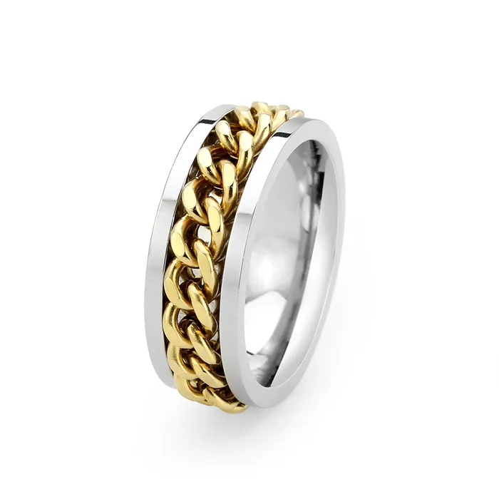 Rings Green CJ3915 Wholesale Mens Stainless Steel Two Tone IP Gold Chainlink Ring