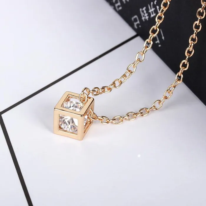 01 Necklaces N754 Gold 3D Cube Rhinestone Necklace with Free Earrings