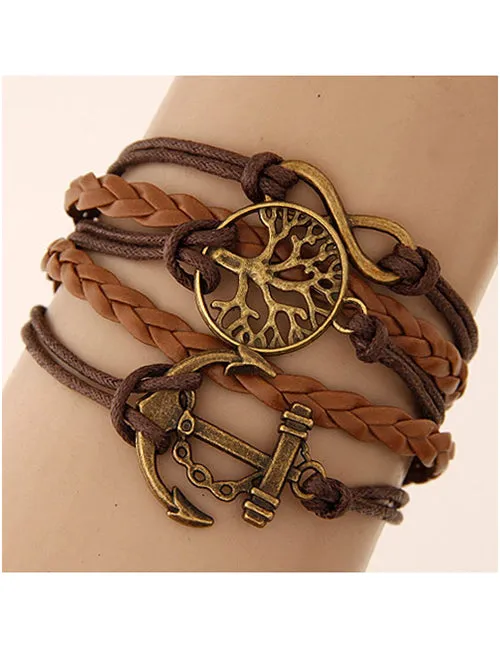 02 Bracelets B546 Brown Tree of Life Leather Layer Bracelet