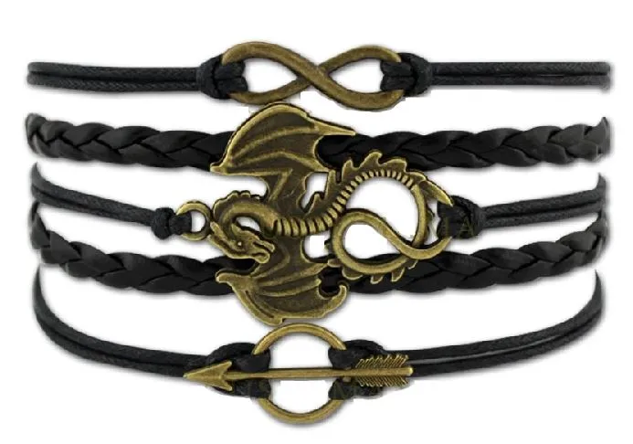 alice Bracelets AZ1429 Black Dragon Arrow Infinity Layer Leather Bracelet