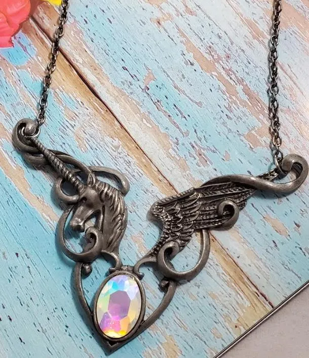 alice Necklaces N38 Silver Iridescent Gemstone Pegasus Necklace with FREE EARRINGS alice Necklaces N38 Silver Iridescent Gemstone Pegasus Necklace with FREE EARRINGS