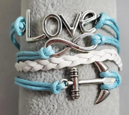 AZ1517 Light Blue White Love Anchor Infinity Layer Leather Bracelet alice Bracelets AZ1517 Light Blue White Love Anchor Infinity Layer Leather Bracelet alice Bracelets