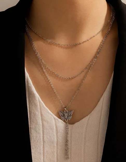 AZ861 Silver Layered Butterfly Tassel Necklace with FREE Earrings 02 Necklaces