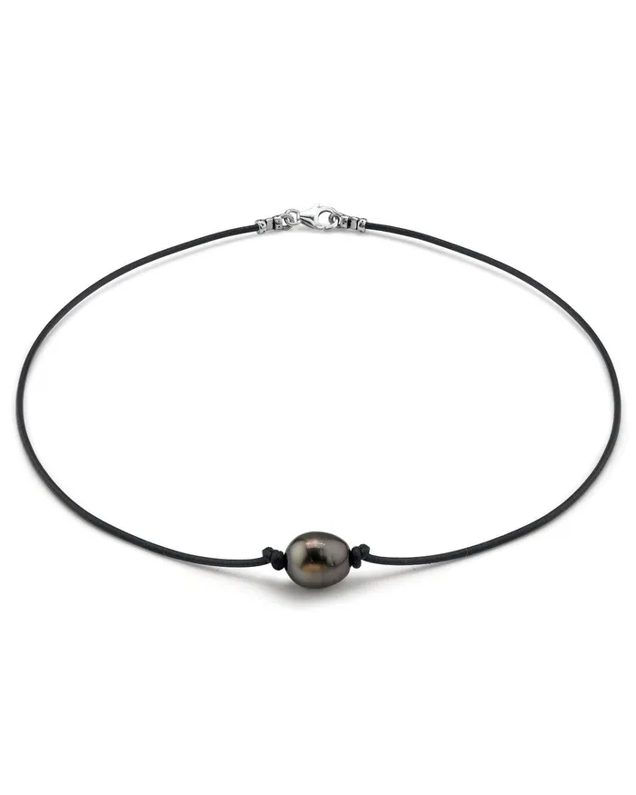 Black Tahitian Baroque Pearl on Leather Necklace spt Necklaces
