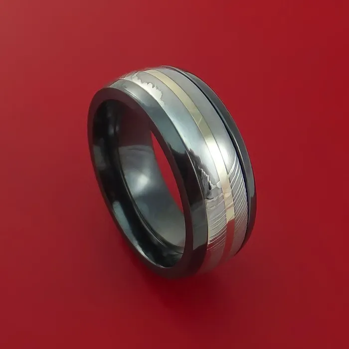 Black Zirconium Ring with Damascus Steel and 14k White Gold Inlays Custom Made Band Lashbrook Rings Black Zirconium Ring with Damascus Steel and 14k White Gold Inlays Custom Made Band Lashbrook Rings