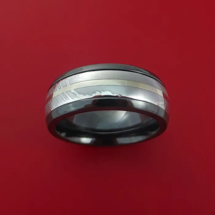 Black Zirconium Ring with Damascus Steel and 14k White Gold Inlays Custom Made Band Lashbrook Rings Black Zirconium Ring with Damascus Steel and 14k White Gold Inlays Custom Made Band Lashbrook Rings