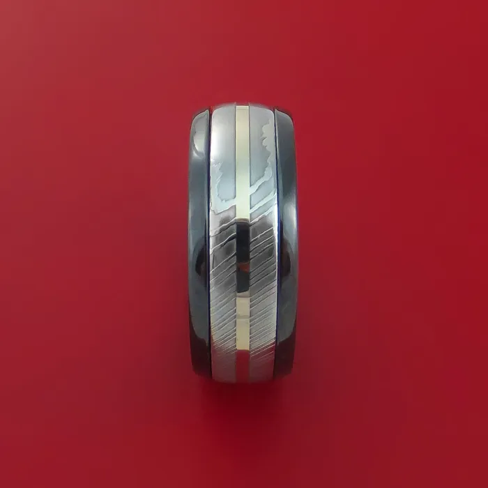 Black Zirconium Ring with Damascus Steel and 14k White Gold Inlays Custom Made Band Lashbrook Rings Black Zirconium Ring with Damascus Steel and 14k White Gold Inlays Custom Made Band Lashbrook Rings