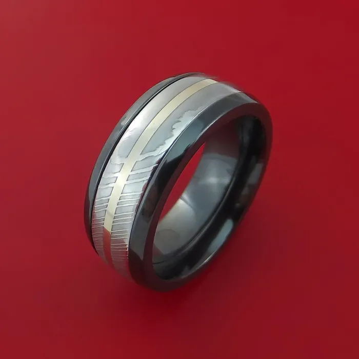 Black Zirconium Ring with Damascus Steel and 14k White Gold Inlays Custom Made Band Lashbrook Rings Black Zirconium Ring with Damascus Steel and 14k White Gold Inlays Custom Made Band Lashbrook Rings