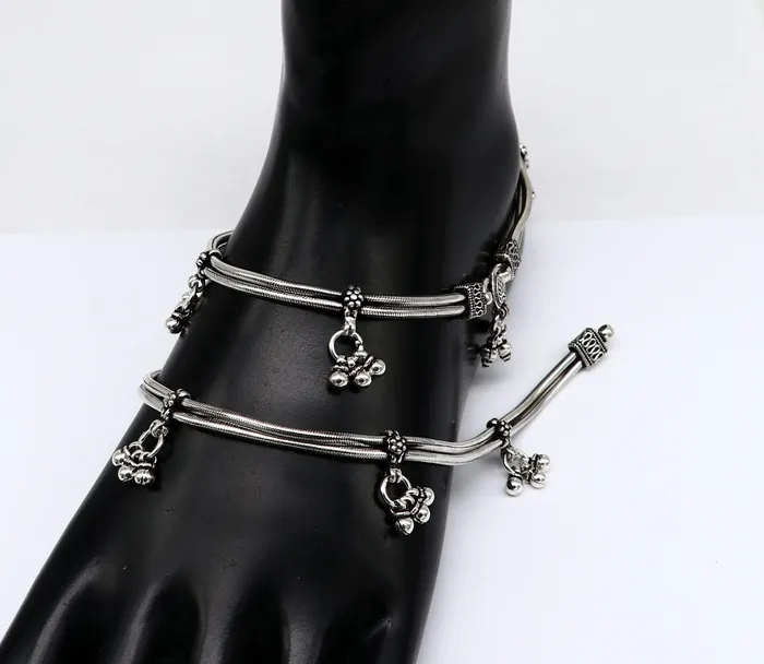 Bracelets TRIBAL ORNAMENTS 105 925 Sterling silver Vintage antique snake style handmade anklet ankle bracelet foot bracelet with hanging bells belly jewelry ank431