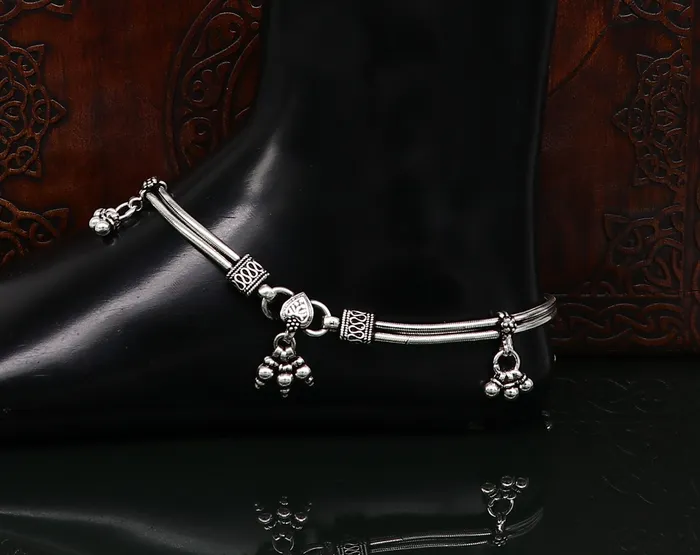 Bracelets TRIBAL ORNAMENTS 105 925 Sterling silver Vintage antique snake style handmade anklet ankle bracelet foot bracelet with hanging bells belly jewelry ank431