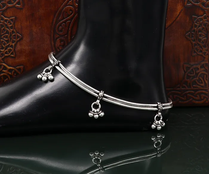 Bracelets TRIBAL ORNAMENTS 105 925 Sterling silver Vintage antique snake style handmade anklet ankle bracelet foot bracelet with hanging bells belly jewelry ank431