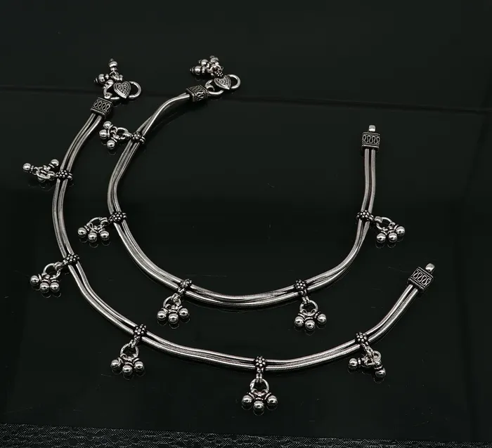Bracelets TRIBAL ORNAMENTS 105 925 Sterling silver Vintage antique snake style handmade anklet ankle bracelet foot bracelet with hanging bells belly jewelry ank431