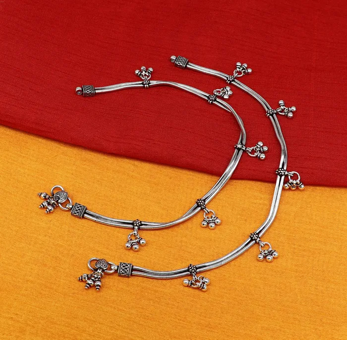 Bracelets TRIBAL ORNAMENTS 105 925 Sterling silver Vintage antique snake style handmade anklet ankle bracelet foot bracelet with hanging bells belly jewelry ank431