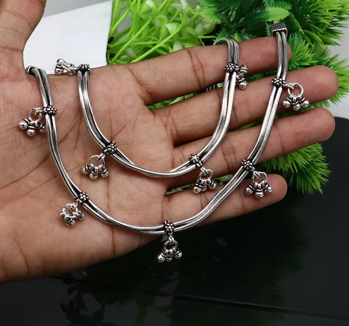 Bracelets TRIBAL ORNAMENTS 105 925 Sterling silver Vintage antique snake style handmade anklet ankle bracelet foot bracelet with hanging bells belly jewelry ank431