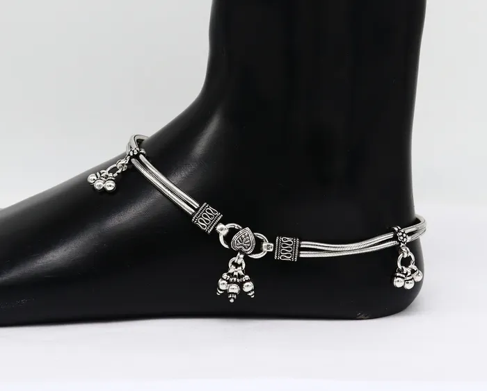 Bracelets TRIBAL ORNAMENTS 105 925 Sterling silver Vintage antique snake style handmade anklet ankle bracelet foot bracelet with hanging bells belly jewelry ank431