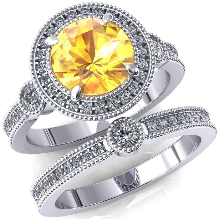 Brachium Round Yellow Sapphire Milgrain Halo 34 Eternity Accent Diamond Ring Fire Brilliance Rings Brachium Round Yellow Sapphire Milgrain Halo 34 Eternity Accent Diamond Ring Fire Brilliance Rings