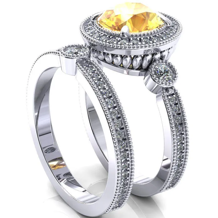 Brachium Round Yellow Sapphire Milgrain Halo 34 Eternity Accent Diamond Ring Fire Brilliance Rings