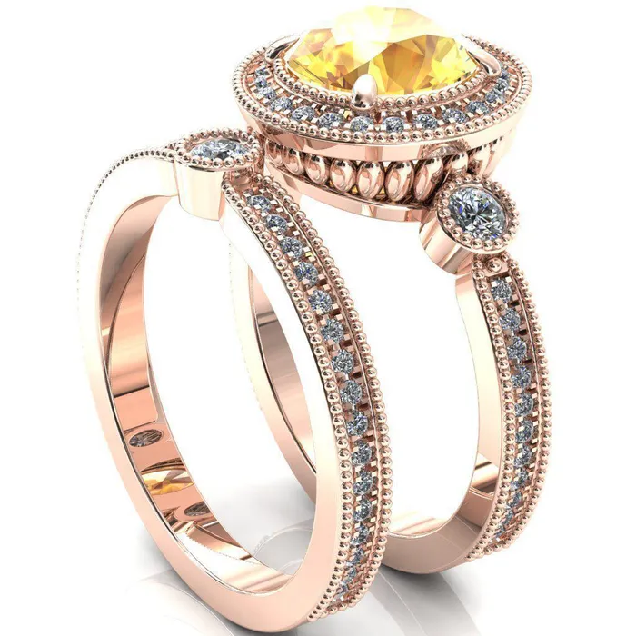 Brachium Round Yellow Sapphire Milgrain Halo 34 Eternity Accent Diamond Ring Fire Brilliance Rings