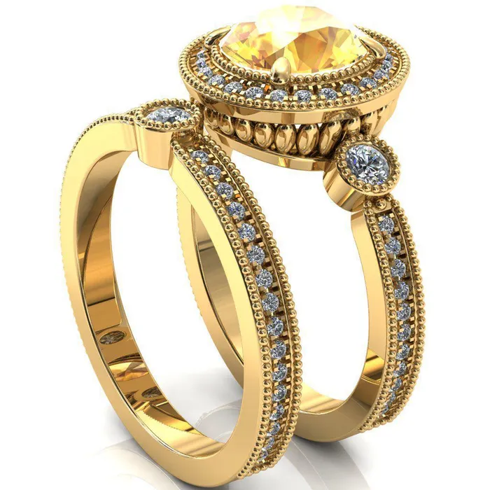 Brachium Round Yellow Sapphire Milgrain Halo 34 Eternity Accent Diamond Ring Fire Brilliance Rings