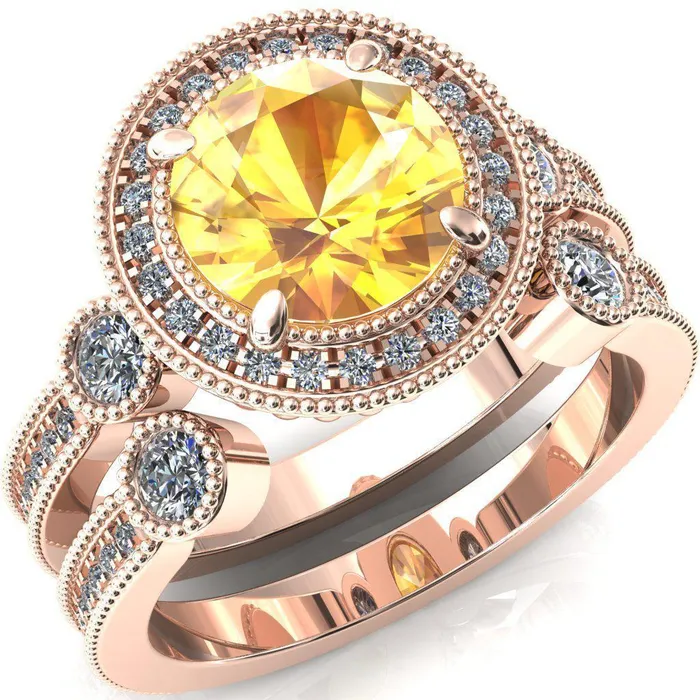 Brachium Round Yellow Sapphire Milgrain Halo 34 Eternity Accent Diamond Ring Fire Brilliance Rings