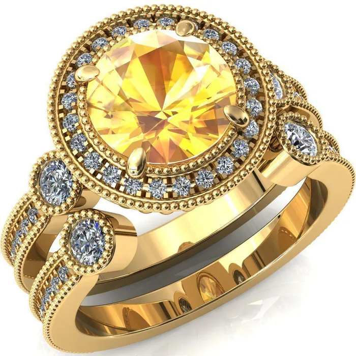 Brachium Round Yellow Sapphire Milgrain Halo 34 Eternity Accent Diamond Ring Fire Brilliance Rings