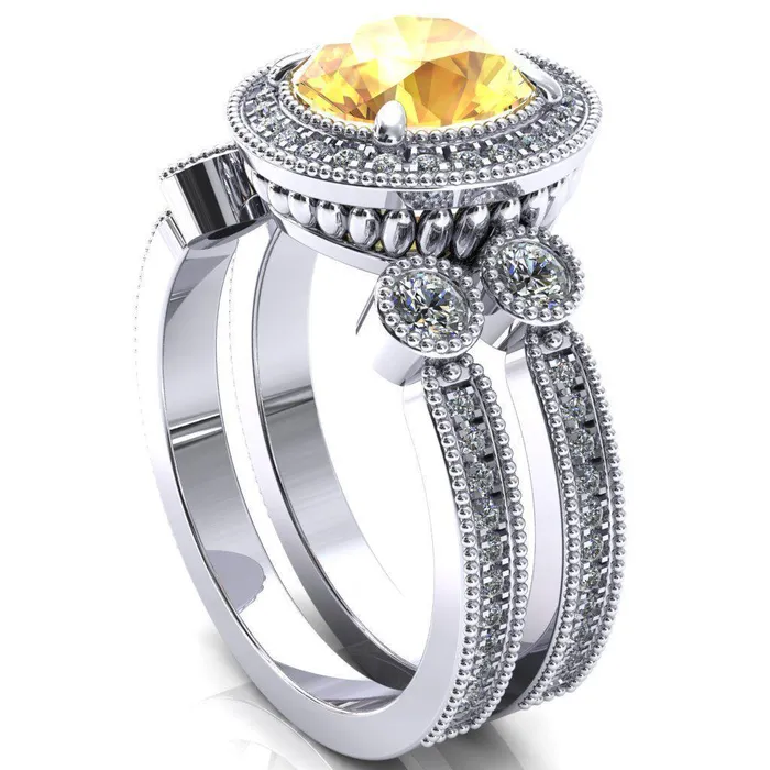 Brachium Round Yellow Sapphire Milgrain Halo 34 Eternity Accent Diamond Ring Fire Brilliance Rings