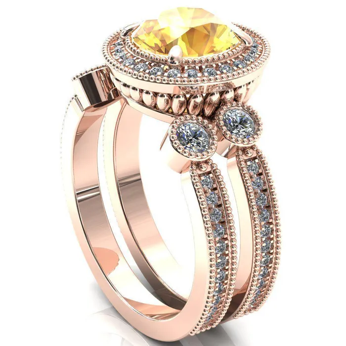 Brachium Round Yellow Sapphire Milgrain Halo 34 Eternity Accent Diamond Ring Fire Brilliance Rings