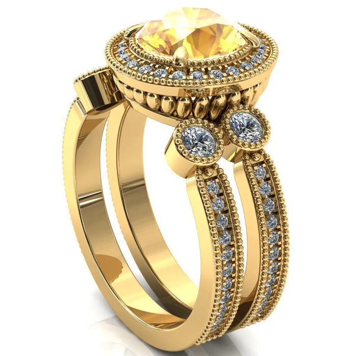 Brachium Round Yellow Sapphire Milgrain Halo 34 Eternity Accent Diamond Ring Fire Brilliance Rings