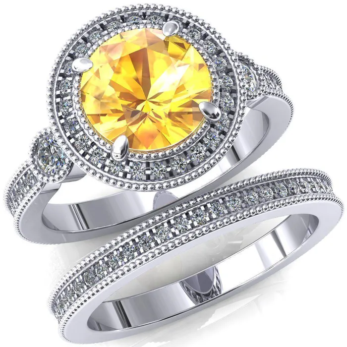 Brachium Round Yellow Sapphire Milgrain Halo 34 Eternity Accent Diamond Ring Fire Brilliance Rings