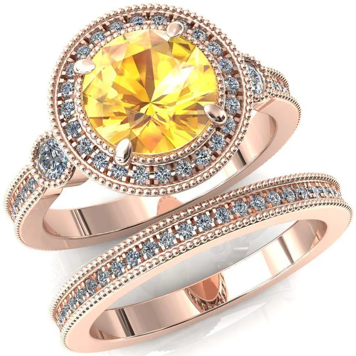 Brachium Round Yellow Sapphire Milgrain Halo 34 Eternity Accent Diamond Ring Fire Brilliance Rings