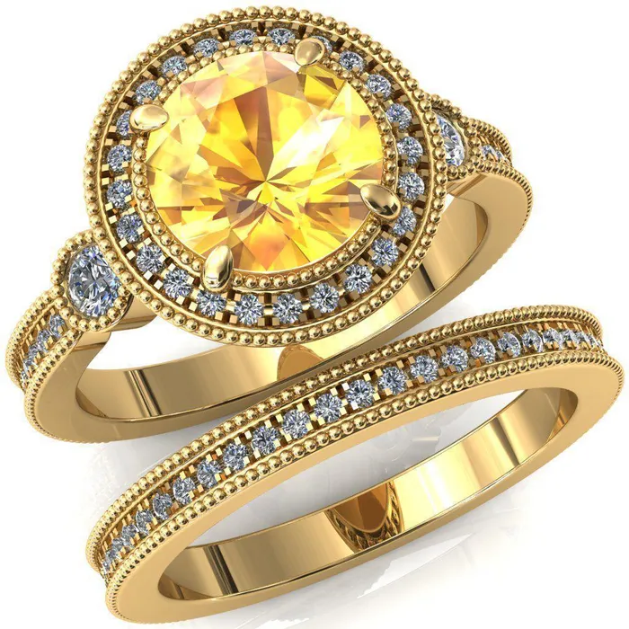 Brachium Round Yellow Sapphire Milgrain Halo 34 Eternity Accent Diamond Ring Fire Brilliance Rings