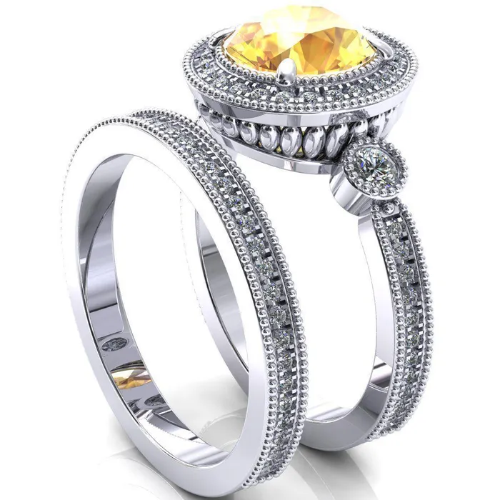 Brachium Round Yellow Sapphire Milgrain Halo 34 Eternity Accent Diamond Ring Fire Brilliance Rings