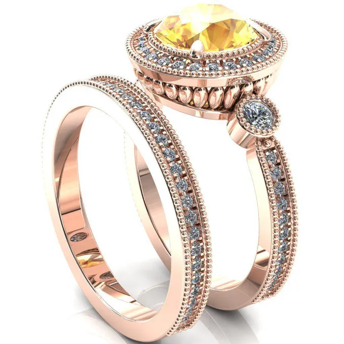 Brachium Round Yellow Sapphire Milgrain Halo 34 Eternity Accent Diamond Ring Fire Brilliance Rings