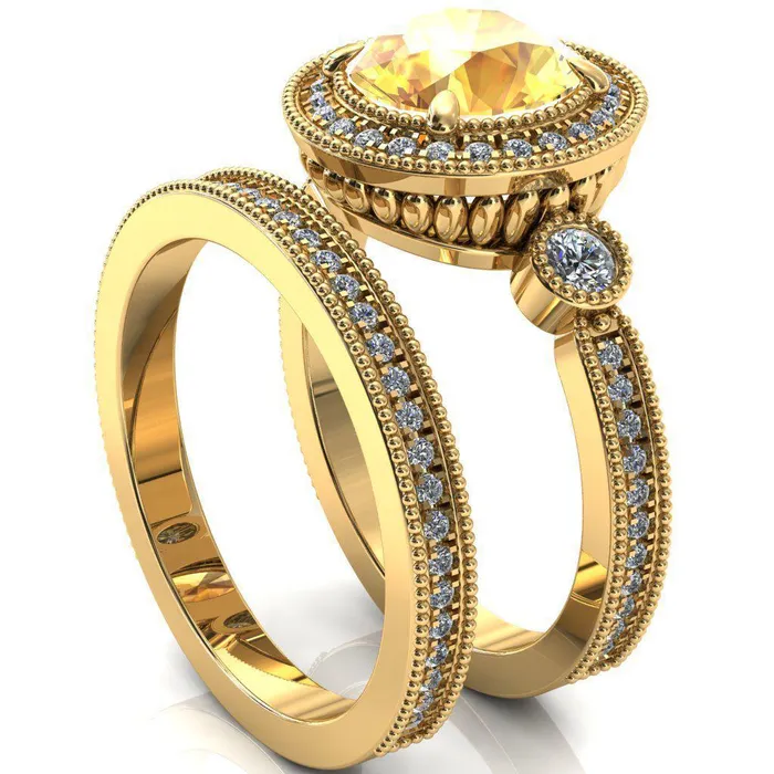Brachium Round Yellow Sapphire Milgrain Halo 34 Eternity Accent Diamond Ring Fire Brilliance Rings