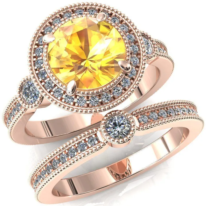 Brachium Round Yellow Sapphire Milgrain Halo 34 Eternity Accent Diamond Ring Fire Brilliance Rings